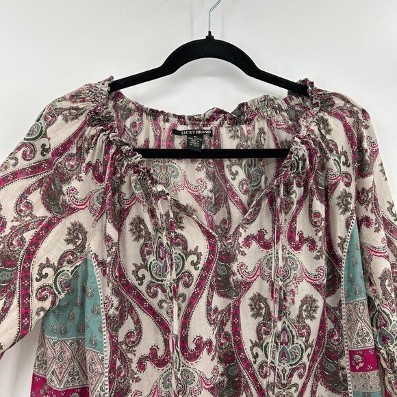 LUCKY BRAND Cream Burgundy Teal Sheer Lightweight Paisley Print Boho Top Medium - Picture 3 of 5